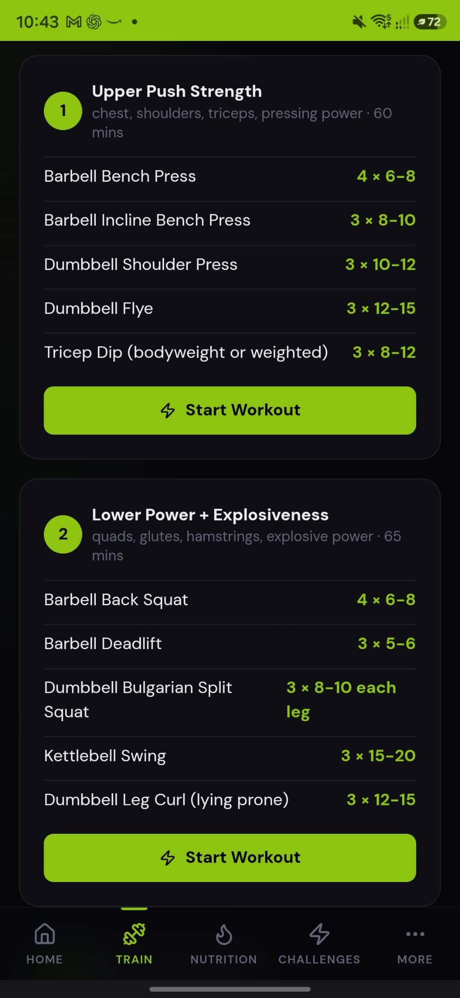 Personalised training programme in the Gym Companion app
